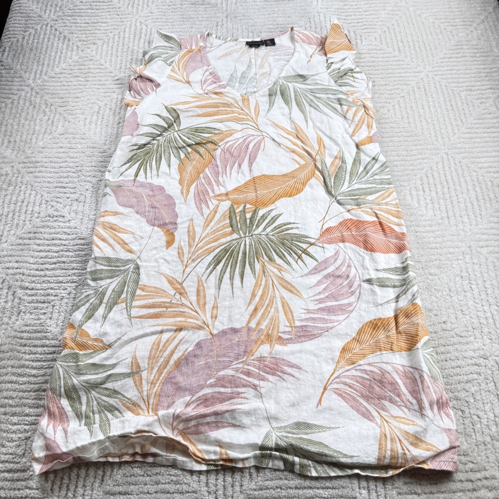 Tahari Linen Tropical Palm Print Dress Womens 1X Flutter Sleeve Resort Coastal